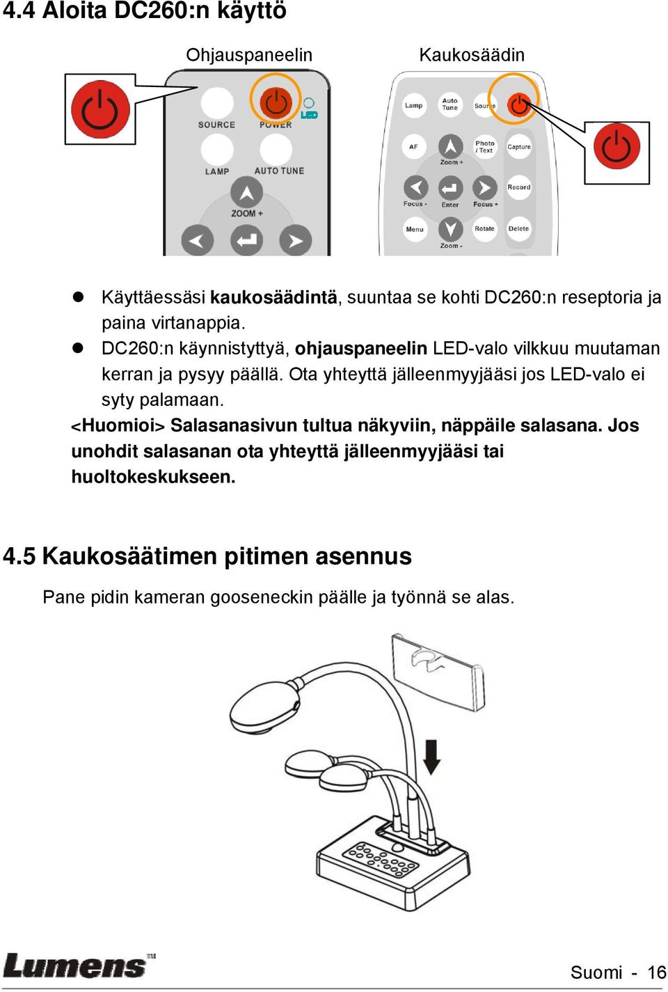 Ota yhteyttä jälleenmyyjääsi jos LED-valo ei syty palamaan. <Huomioi> Salasanasivun tultua näkyviin, näppäile salasana.
