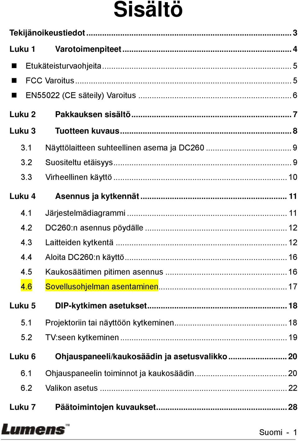 .. 12 4.3 Laitteiden kytkentä... 12 4.4 Aloita DC260:n käyttö... 16 4.5 Kaukosäätimen pitimen asennus... 16 4.6 Sovellusohjelman asentaminen... 17 Luku 5 DIP-kytkimen asetukset... 18 5.