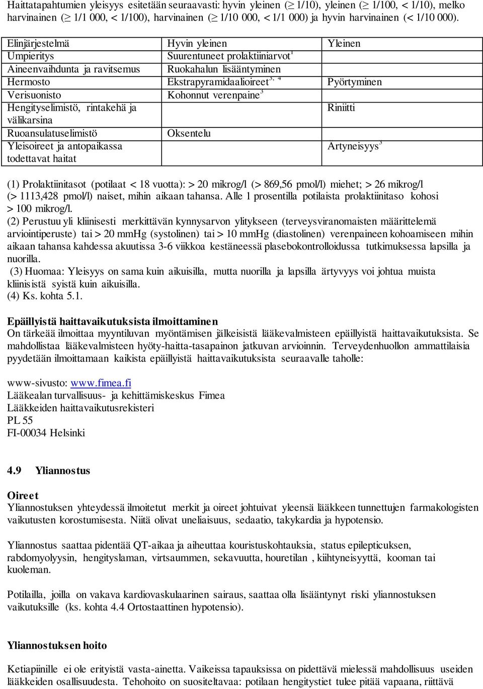 Elinjärjestelmä Hyvin yleinen Yleinen Umpieritys Suurentuneet prolaktiiniarvot 1 Aineenvaihdunta ja ravitsemus Ruokahalun lisääntyminen Hermosto Ekstrapyramidaalioireet 3, 4 Pyörtyminen Verisuonisto