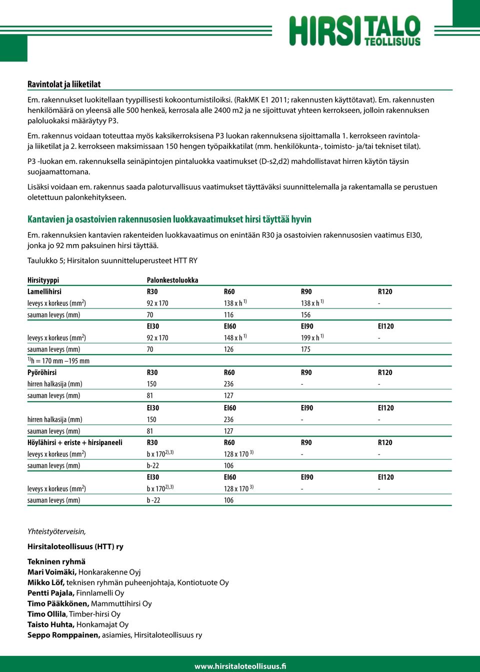 henkilökunta-, toimisto- ja/tai tekniset tilat). P3 -luokan em. rakennuksella seinäpintojen pintaluokka vaatimukset (D-s2,d2) mahdollistavat hirren käytön täysin Lisäksi voidaan em.