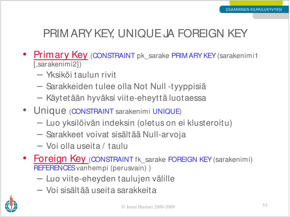 indeksin (oletus on ei klusteroitu) Sarakkeet voivat sisältää Null-arvoja Voi olla useita / taulu Foreign Key (CONSTRAINT fk_sarake