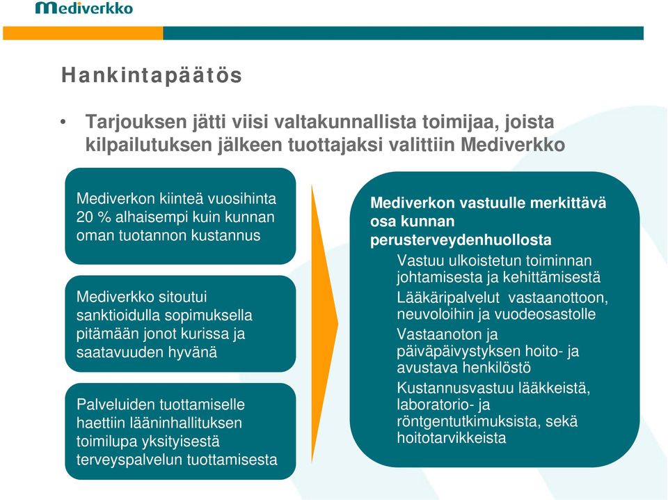 yksityisestä terveyspalvelun tuottamisesta Mediverkon vastuulle merkittävä osa kunnan perusterveydenhuollosta Vastuu ulkoistetun toiminnan johtamisesta ja kehittämisestä Lääkäripalvelut