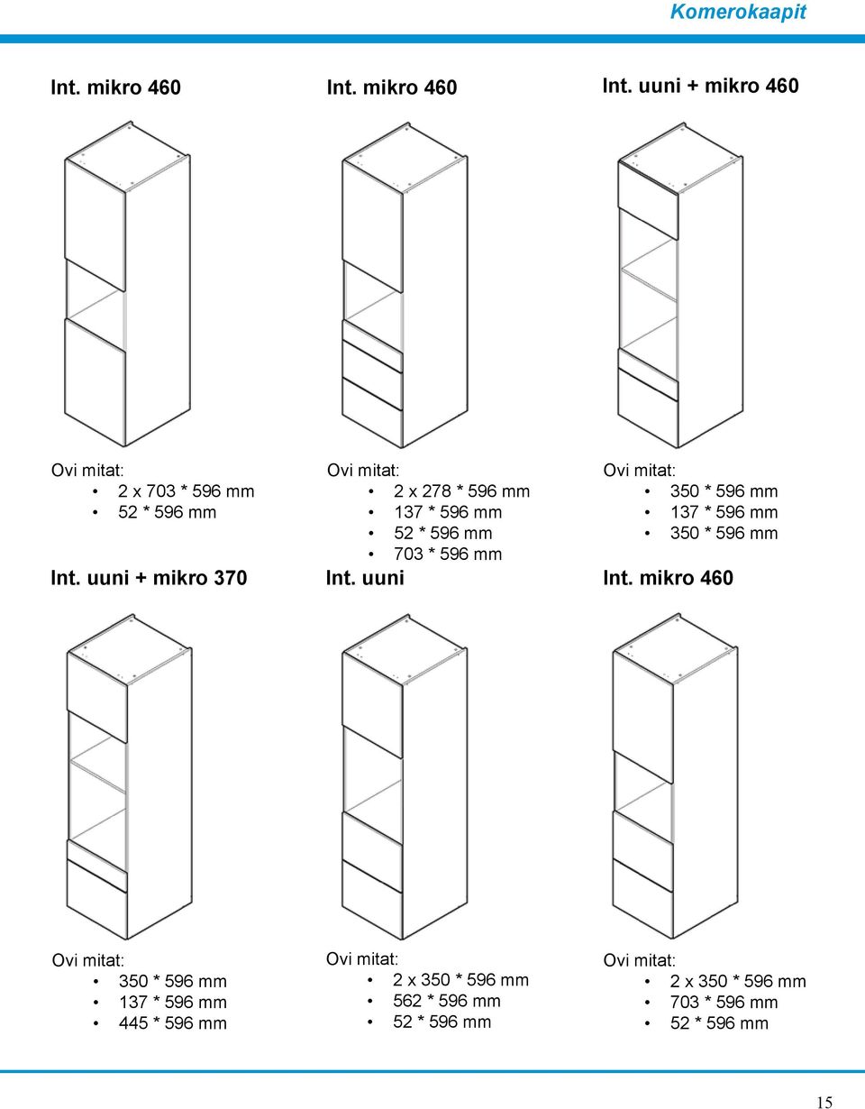 uuni + mikro 460 Ovi mitat: Ovi mitat: Ovi mitat: 2 x 703 * 596 mm 2 x 278 * 596 mm 350 * 596 mm 52 * 596