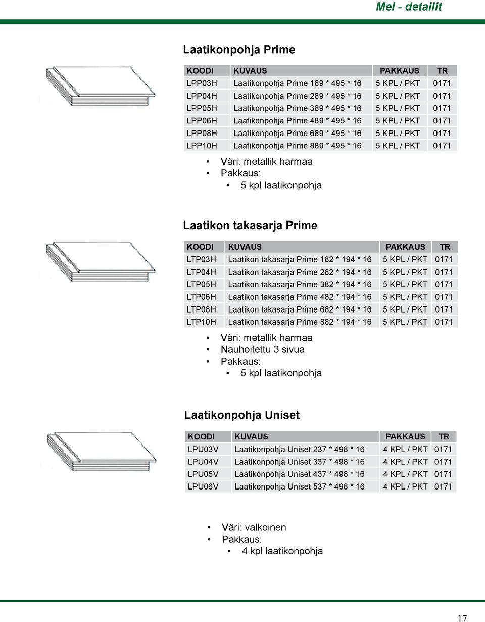 metallik harmaa Pakkaus: 5 kpl laatikonpohja Laatikon takasarja Prime LTP03H Laatikon takasarja Prime 182 * 194 * 16 5 KPL / PKT 0171 LTP04H Laatikon takasarja Prime 282 * 194 * 16 5 KPL / PKT 0171