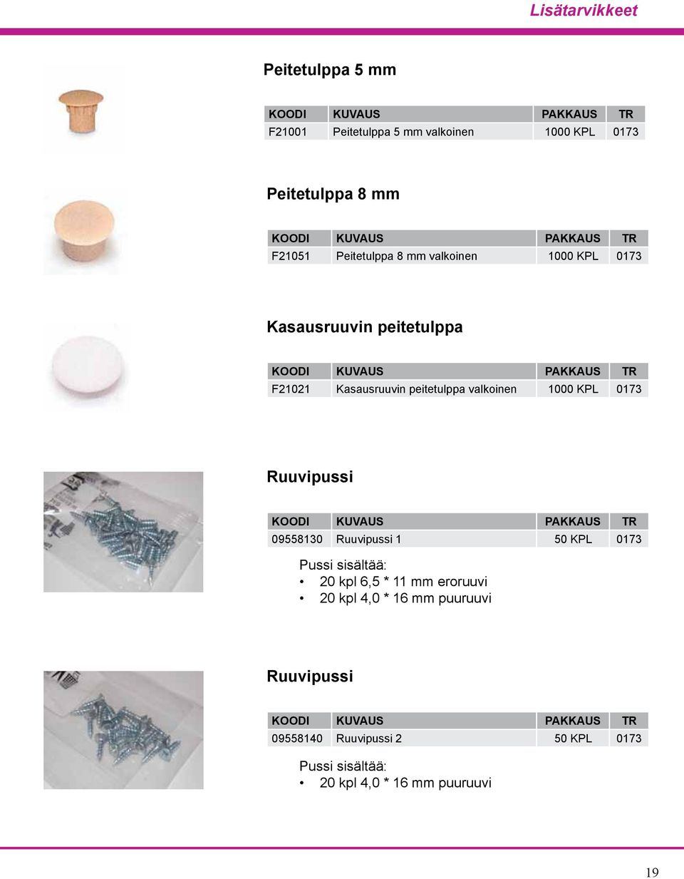 1000 KPL 0173 Ruuvipussi 09558130 Ruuvipussi 1 50 KPL 0173 Pussi sisältää: 20 kpl 6,5 * 11 mm eroruuvi 20