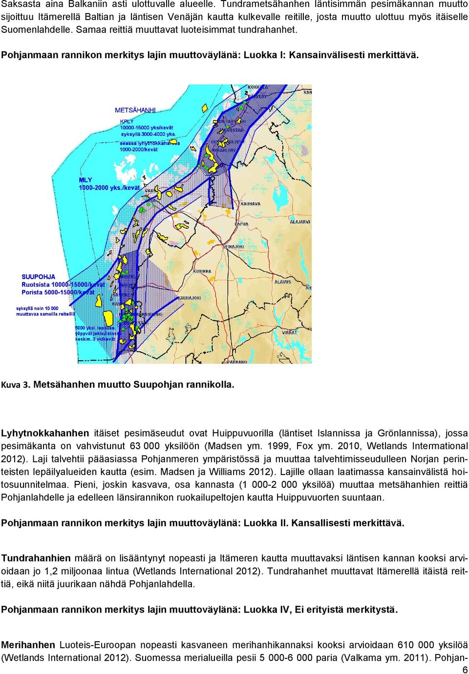 Samaa reittiä muuttavat luoteisimmat tundrahanhet. Pohjanmaan rannikon merkitys lajin muuttoväylänä: Luokka I: Kansainvälisesti merkittävä. Kuva 3. Metsähanhen muutto Suupohjan rannikolla.