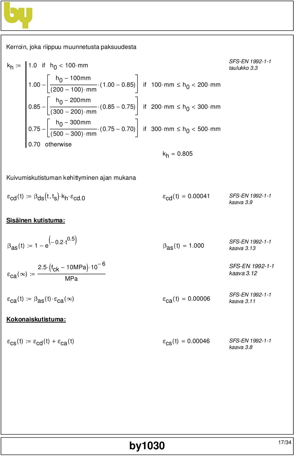 3 Kuivumiskutistuman kehittyminen ajan mukana ( ) k h ε cd ( t) := β ds t, t s ε cd.0 ε cd ( t) = 0.00041 kaava 3.9 Sisäinen kutistuma: ( ) β as ( t) 1 e 0.2 := t0.