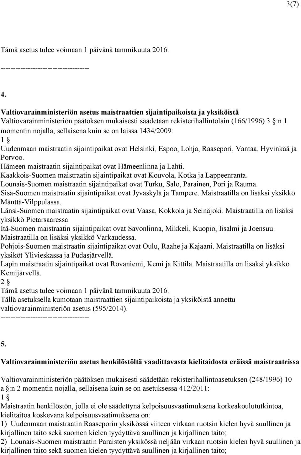 sellaisena kuin se on laissa 1434/2009: 1 Uudenmaan maistraatin sijaintipaikat ovat Helsinki, Espoo, Lohja, Raasepori, Vantaa, Hyvinkää ja Porvoo.