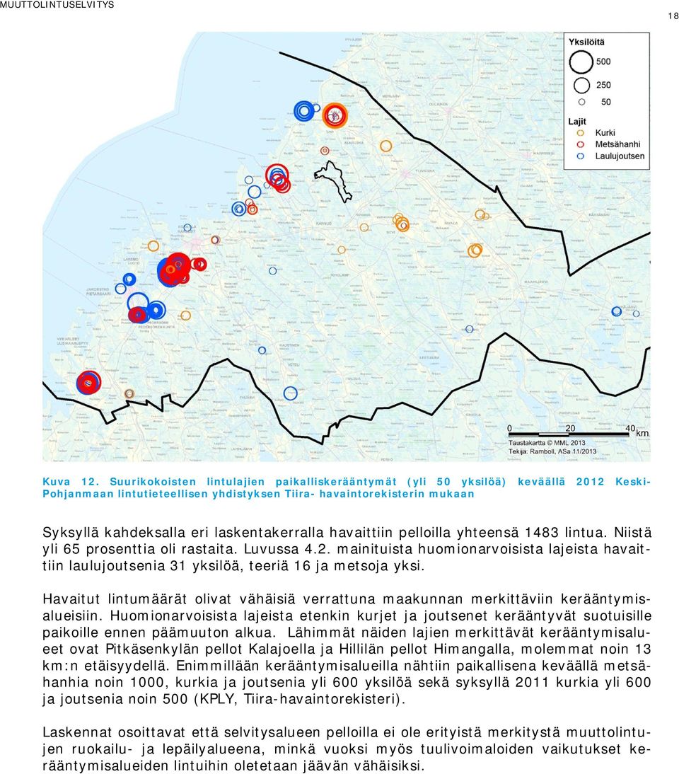 laskentakerralla havaittiin pelloilla yhteensä 1483 lintua. Niistä yli 65 prosenttia oli rastaita. Luvussa 4.2.