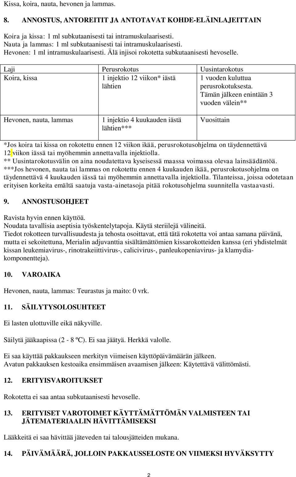 Laji Perusrokotus Uusintarokotus Koira, kissa 1 injektio 12 viikon* iästä lähtien 1 vuoden kuluttua perusrokotuksesta.