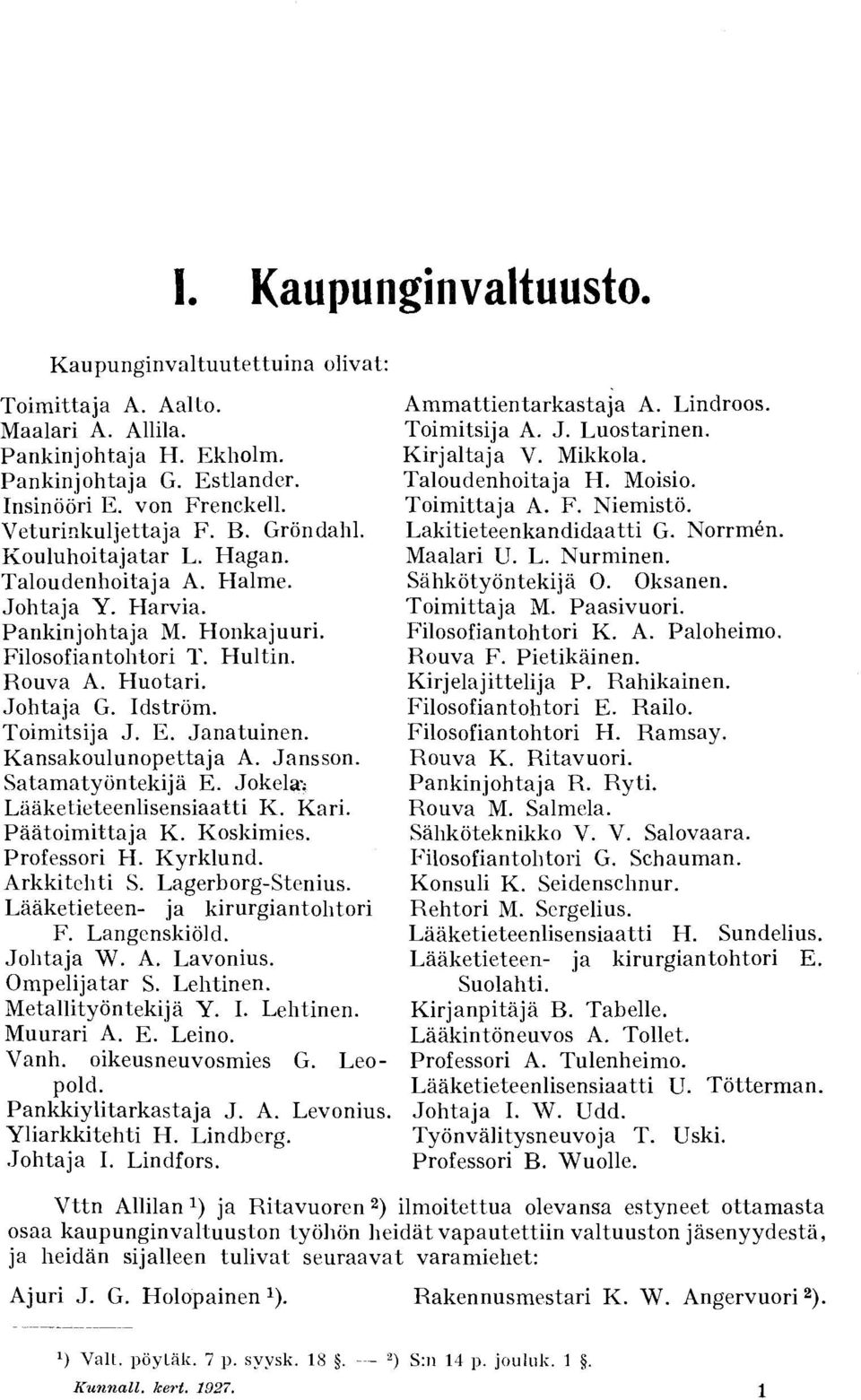 Janatuinen. Kansakoulunopettaja A. Jansson. Satamatyöntekijä E. Jokela> Lääketieteenlisensiaatti K. Kari. Päätoimittaja K. Koskimies. Professori H. Kyrklund. Arkkitehti S. Lagerborg-Stenius.