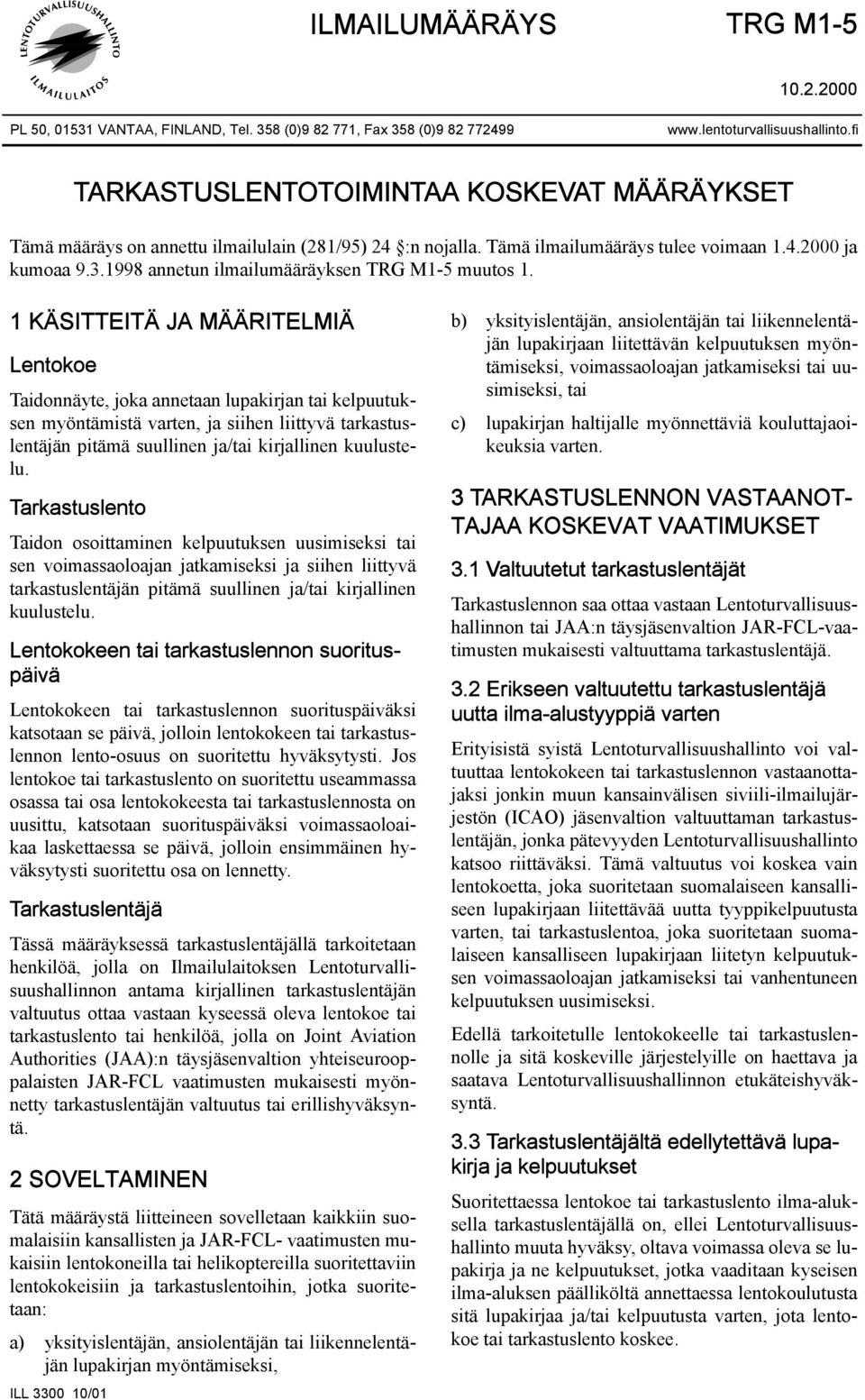 1998 annetun ilmailumääräyksen TRG M1-5 muutos 1.