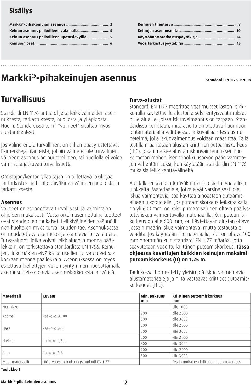 ..15 Standardi EN 1176-1:2008 Turvallisuus Standardi EN 1176 antaa ohjeita leikkivälineiden asennuksesta, tarkastuksesta, huollosta ja ylläpidosta. Huom.