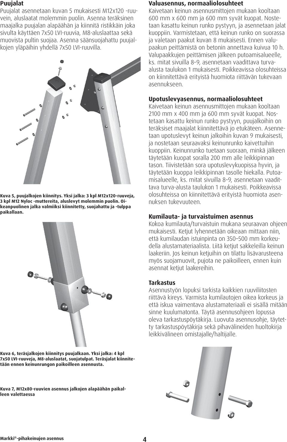 Asenna säänsuojahattu puujal- kojen yläpäihin yhdellä 7x50 LVI-ruuvilla. Kuva 5, puujalkojen kiinnitys. Yksi jalka: 3 kpl M12x120-ruuveja, 3 kpl M12 Nyloc -muttereita, aluslevyt molemmin puolin.