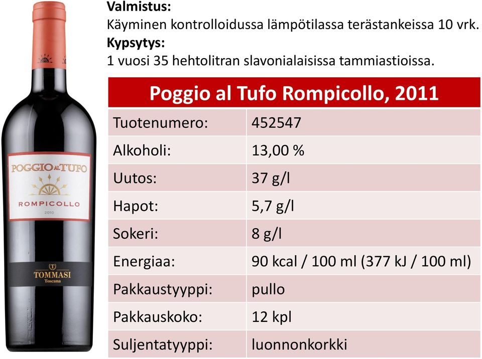 Poggio al Tufo Rompicollo, 2011 Tuotenumero: 452547 Alkoholi: 13,00 % Uutos: Hapot: Sokeri: