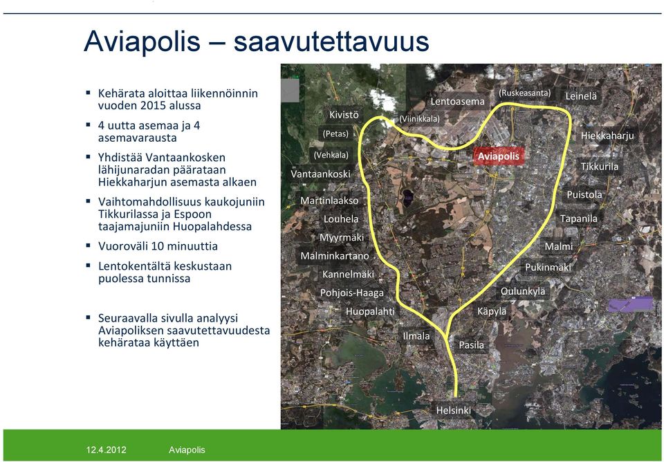 Seuraavalla sivulla analyysi Aviapoliksen saavutettavuudesta kehärataa käyttäen Kivistö (Petas) (Vehkala) Vantaankoski Martinlaakso Louhela Myyrmäki Malminkartano