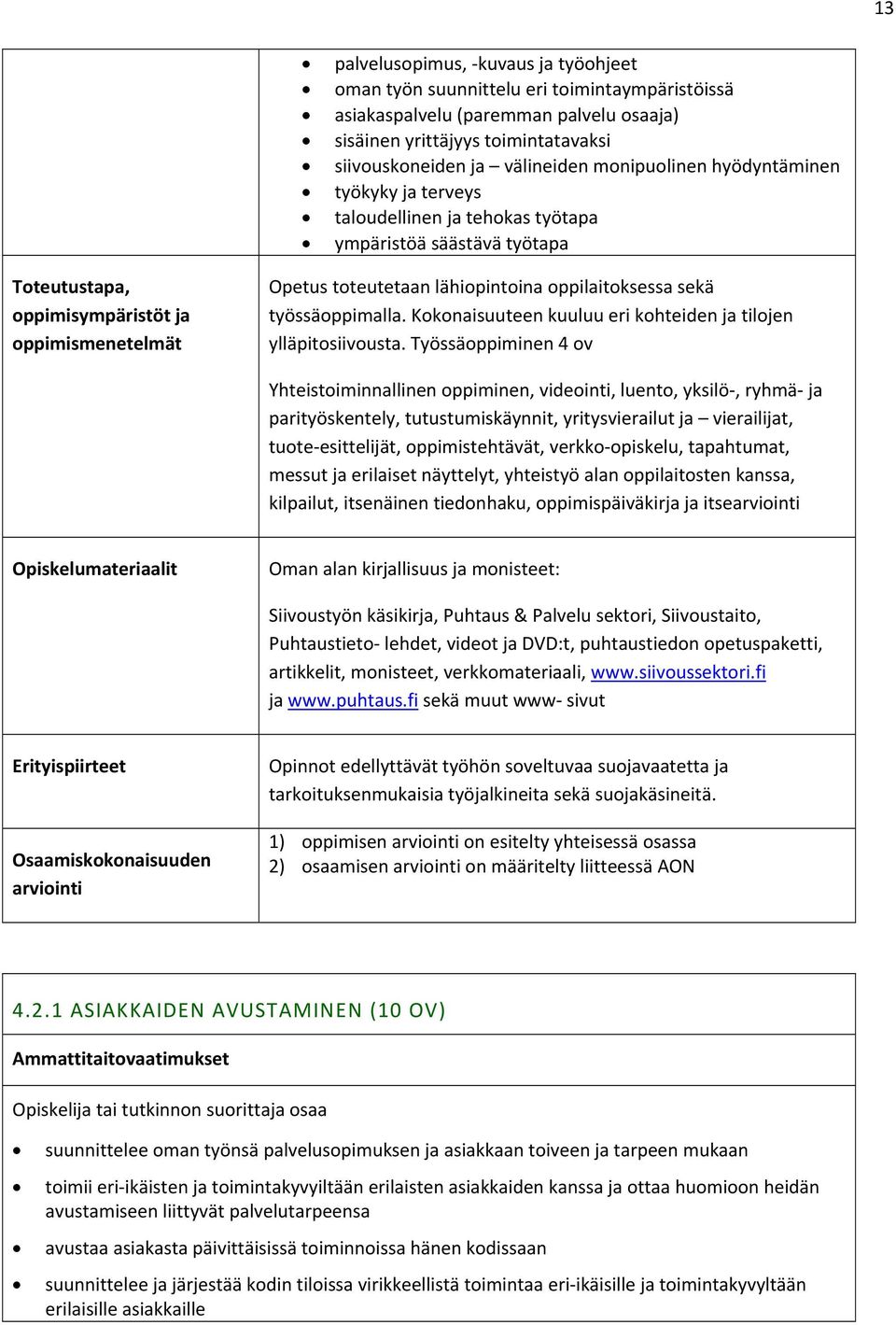 oppilaitoksessa sekä työssäoppimalla. Kokonaisuuteen kuuluu eri kohteiden ja tilojen ylläpitosiivousta.