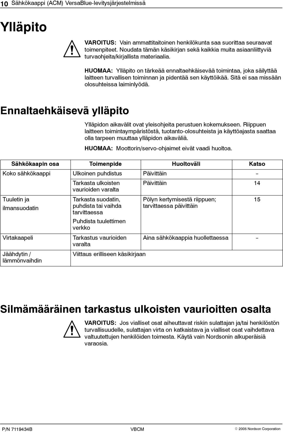 HUOMAA: Ylläpito on tärkeää ennaltaehkäisevää toimintaa, joka säilyttää laitteen turvallisen toiminnan ja pidentää sen käyttöikää. Sitä ei saa missään olosuhteissa laiminlyödä.