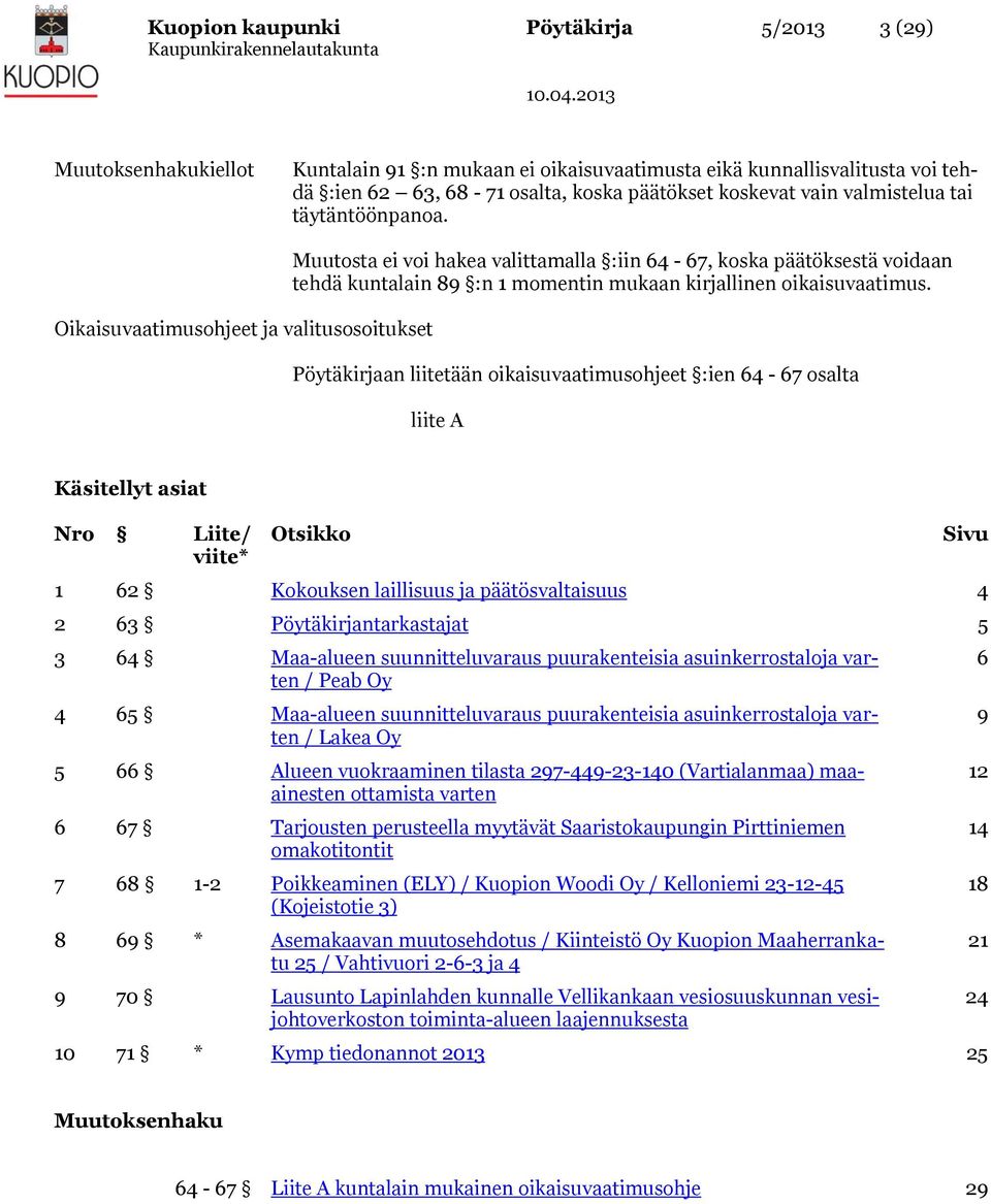 Oikaisuvaatimusohjeet ja valitusosoitukset Muutosta ei voi hakea valittamalla :iin 64-67, koska päätöksestä voidaan tehdä kuntalain 89 :n 1 momentin mukaan kirjallinen oikaisuvaatimus.