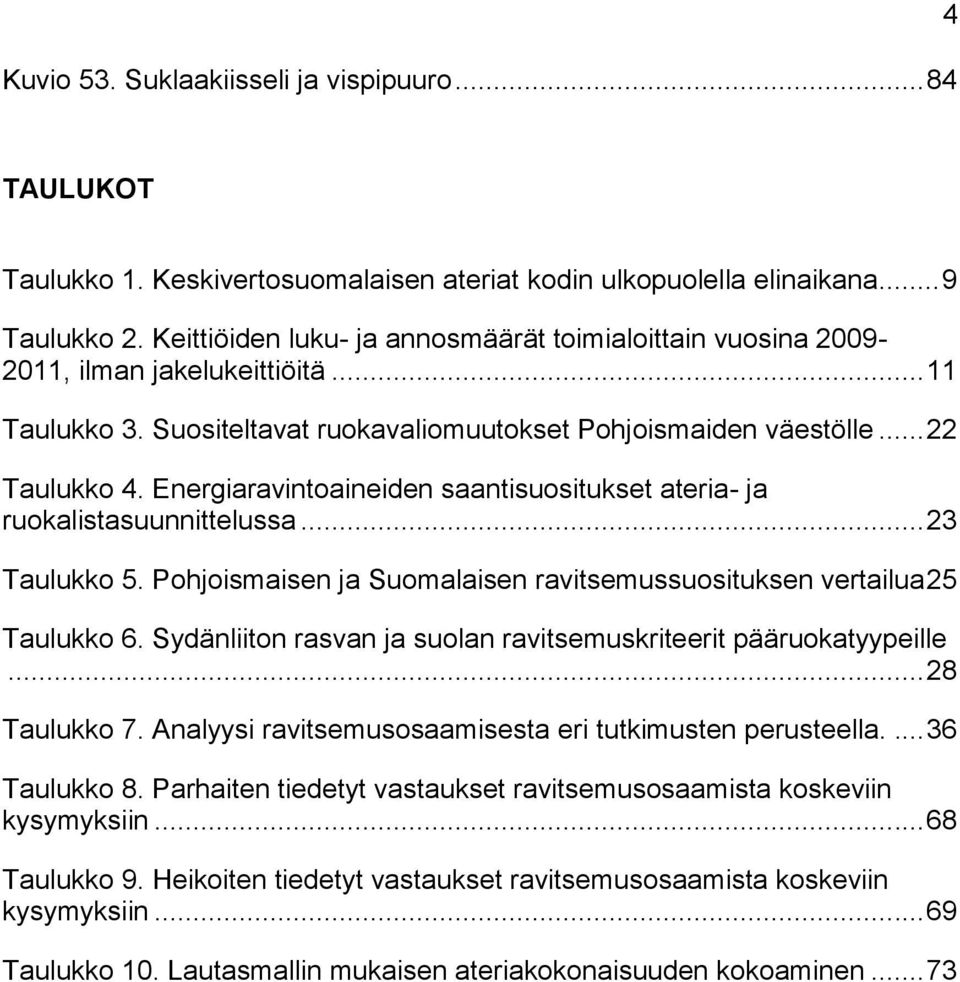 Energiaravintoaineiden saantisuositukset ateria- ja ruokalistasuunnittelussa... 23 Taulukko 5. Pohjoismaisen ja Suomalaisen ravitsemussuosituksen vertailua 25 Taulukko 6.
