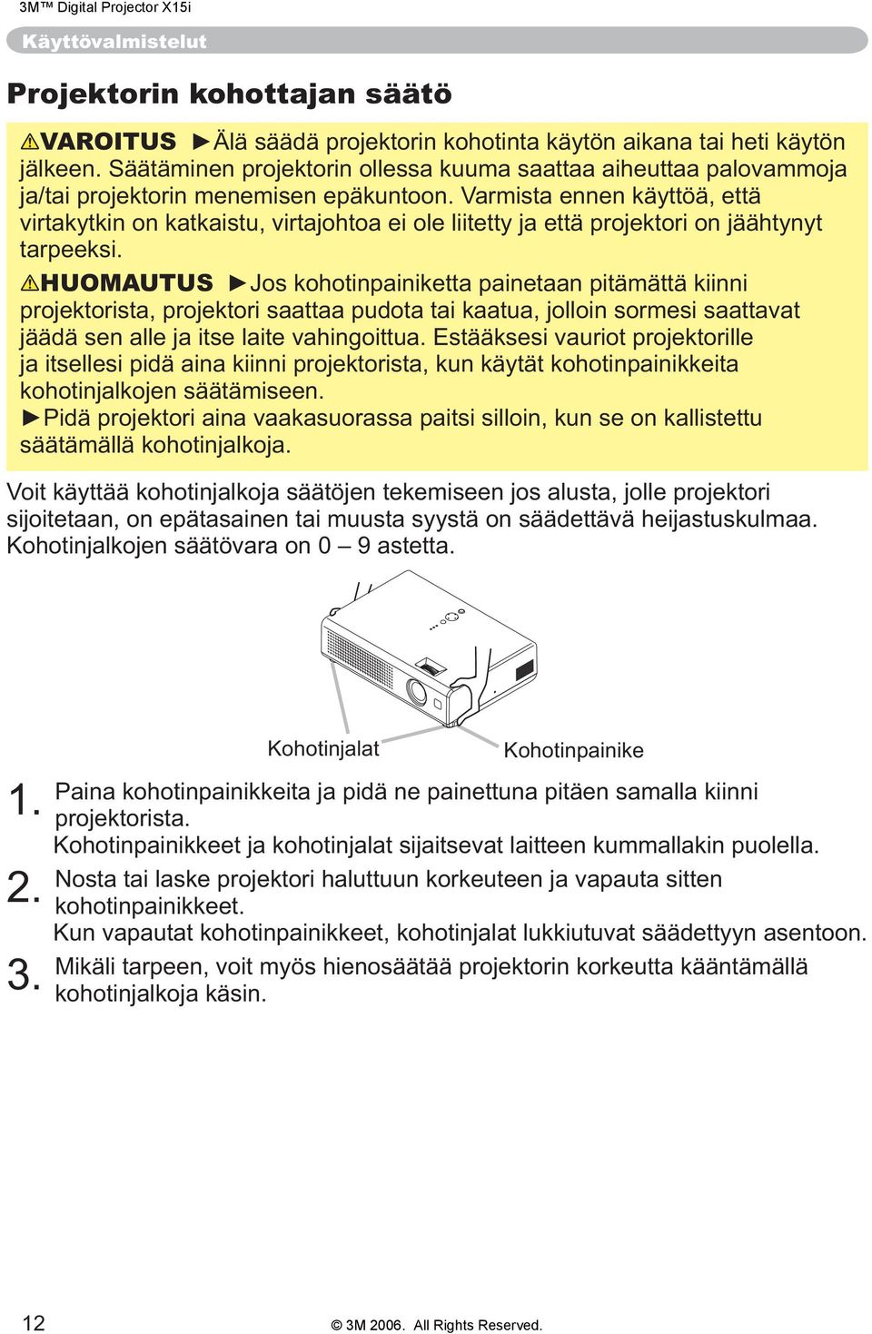 Varmista ennen käyttöä, että virtakytkin on katkaistu, virtajohtoa ei ole liitetty ja että projektori on jäähtynyt tarpeeksi.
