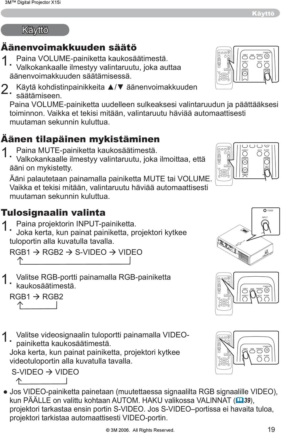 ASPECT AUTO BLANK Valkokankaalle ilmestyy valintaruutu, joka auttaa - MAGNIFY VOLUME ON äänenvoimakkuuden säätämisessä. MUTE 2. säätämiseen.