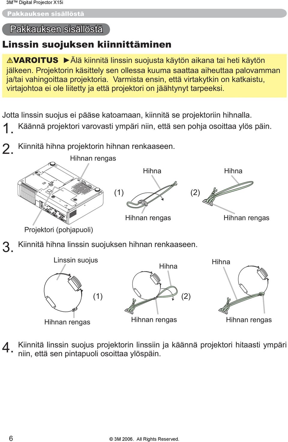 Varmista ensin, että virtakytkin on katkaistu, virtajohtoa ei ole liitetty ja että projektori on jäähtynyt tarpeeksi. Jotta linssin suojus ei pääse katoamaan, kiinnitä se projektoriin hihnalla.