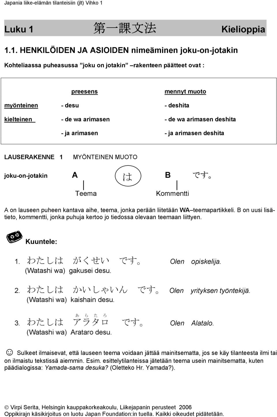 1. HENKILÖIDEN JA ASIOIDEN nimeäminen joku-on-jotakin Kohteliaassa puheasussa joku on jotakin rakenteen päätteet ovat : preesens mennyt muoto myönteinen - desu - deshita kielteinen - de wa arimasen -