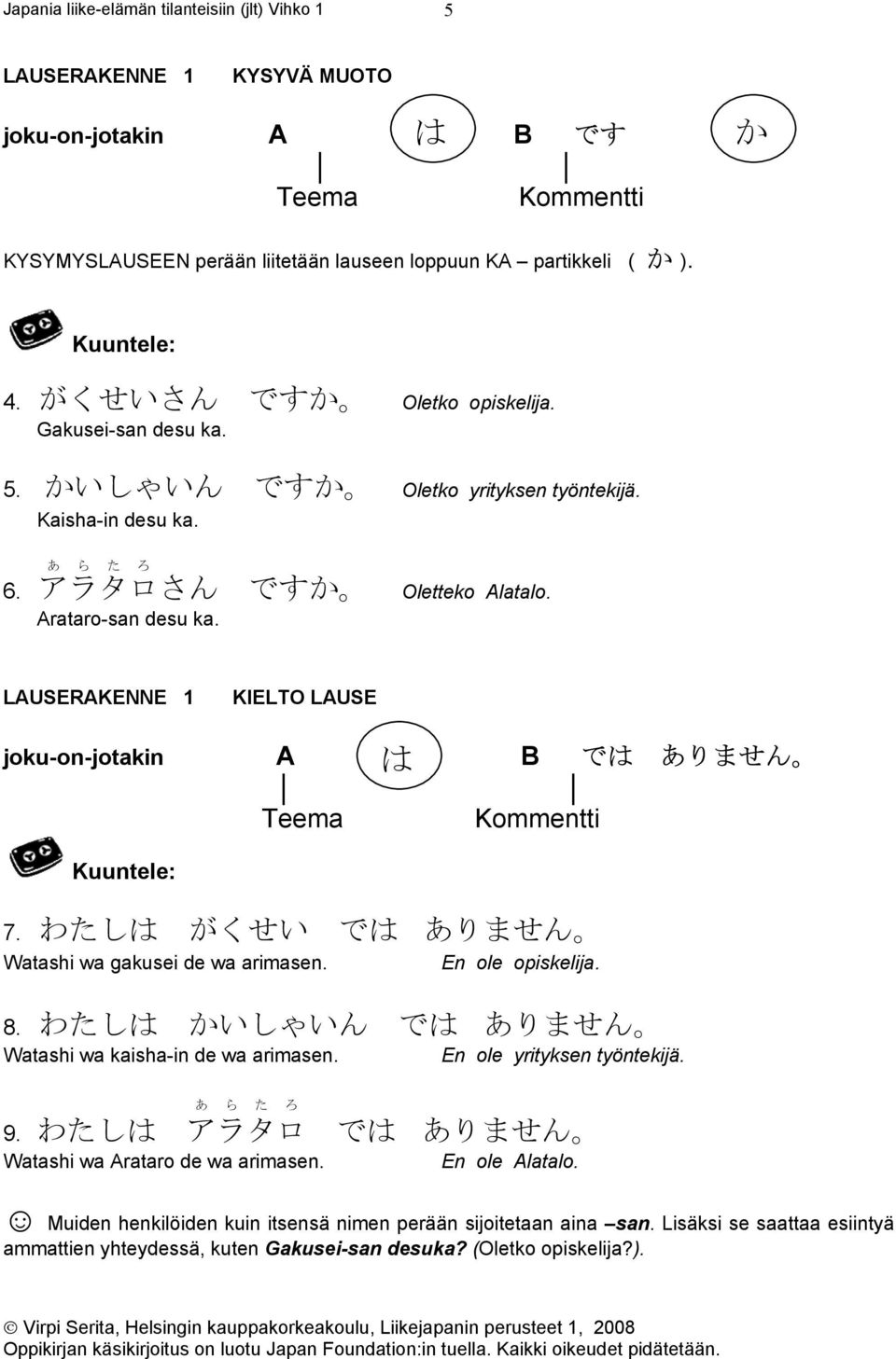 LAUSERAKENNE 1 KIELTO LAUSE joku-on-jotakin A B では ありません Teema Kommentti Kuuntele: は 7. わたしは がくせい では ありません Watashi wa gakusei de wa arimasen. En ole opiskelija. 8.