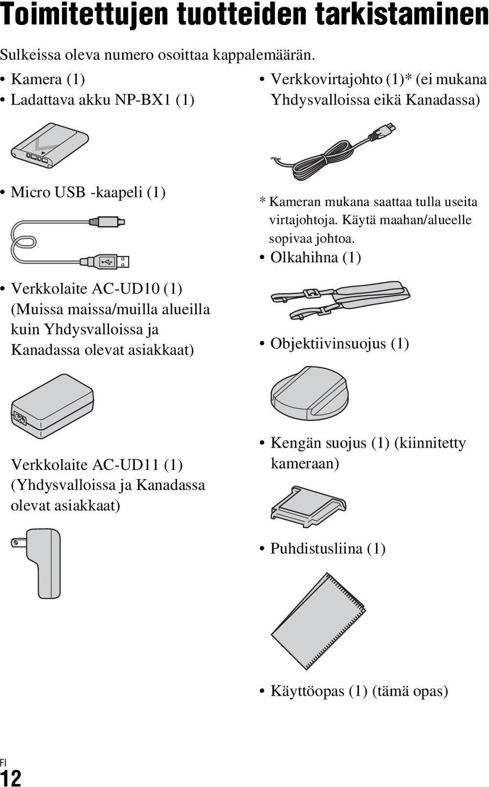 (Muissa maissa/muilla alueilla kuin Yhdysvalloissa ja Kanadassa olevat asiakkaat) * Kameran mukana saattaa tulla useita virtajohtoja.