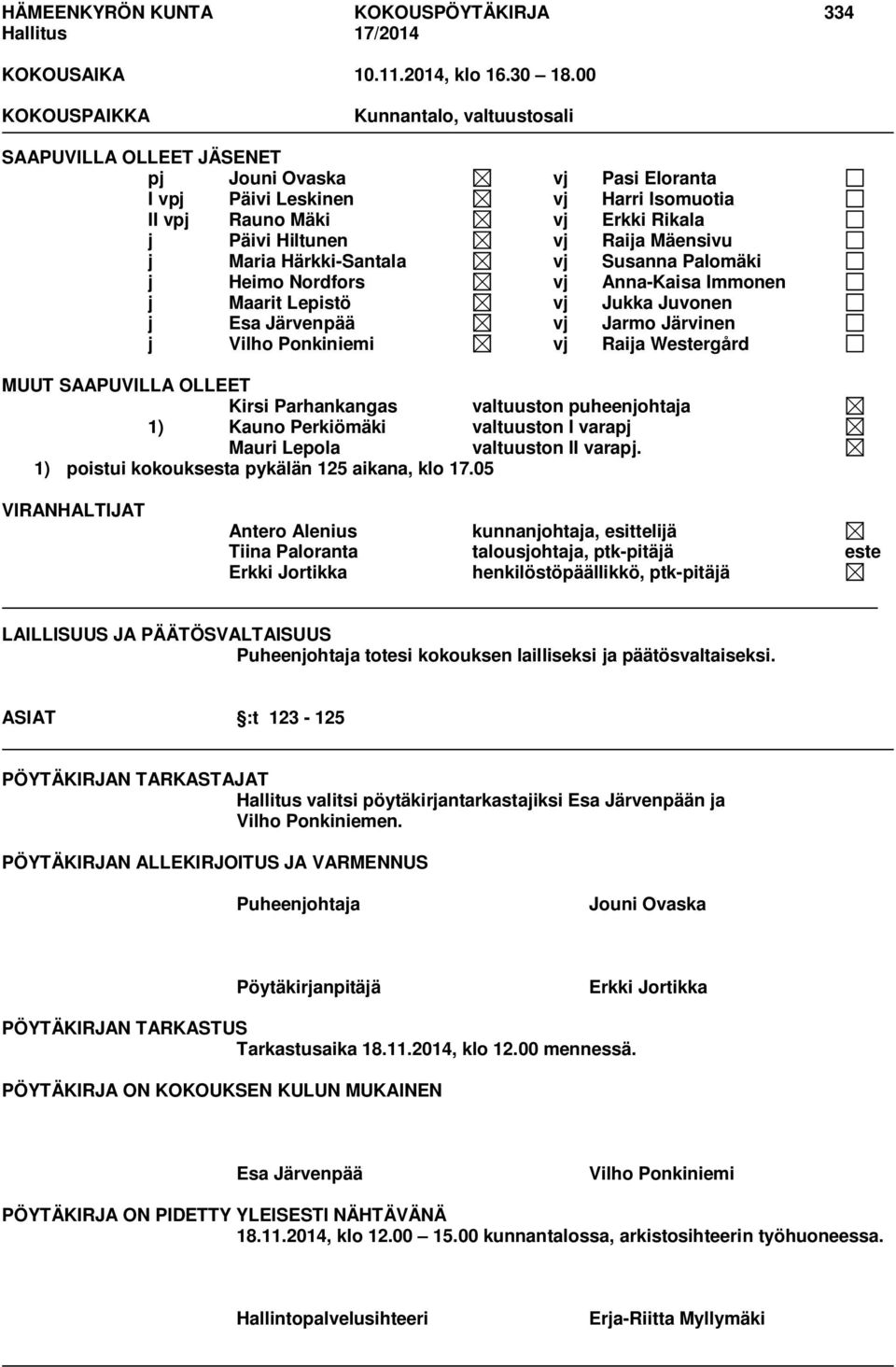 Raija Mäensivu j Maria Härkki-Santala vj Susanna Palomäki j Heimo Nordfors vj Anna-Kaisa Immonen j Maarit Lepistö vj Jukka Juvonen j Esa Järvenpää vj Jarmo Järvinen j Vilho Ponkiniemi vj Raija