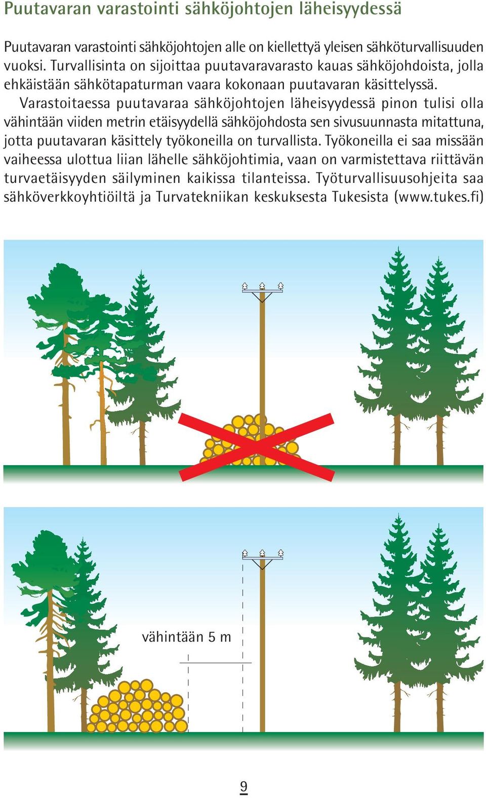 Varastoitaessa puutavaraa sähköjohtojen läheisyydessä pinon tulisi olla vähintään viiden metrin etäisyydellä sähköjohdosta sen sivusuunnasta mitattuna, jotta puutavaran käsittely työkoneilla