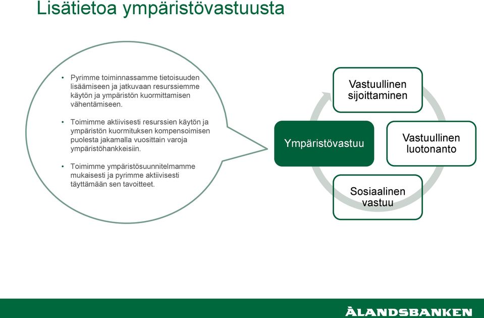 sijoittaminen Toimimme aktiivisesti resurssien käytön ja ympäristön kuormituksen kompensoimisen puolesta