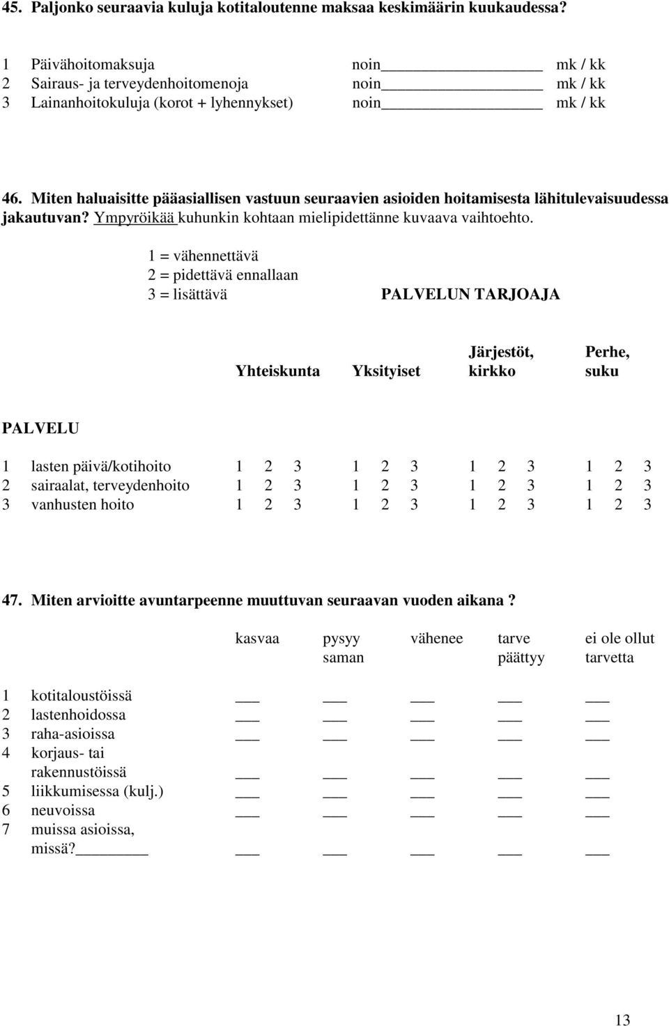 Miten haluaisitte pääasiallisen vastuun seuraavien asioiden hoitamisesta lähitulevaisuudessa jakautuvan? Ympyröikää kuhunkin kohtaan mielipidettänne kuvaava vaihtoehto.