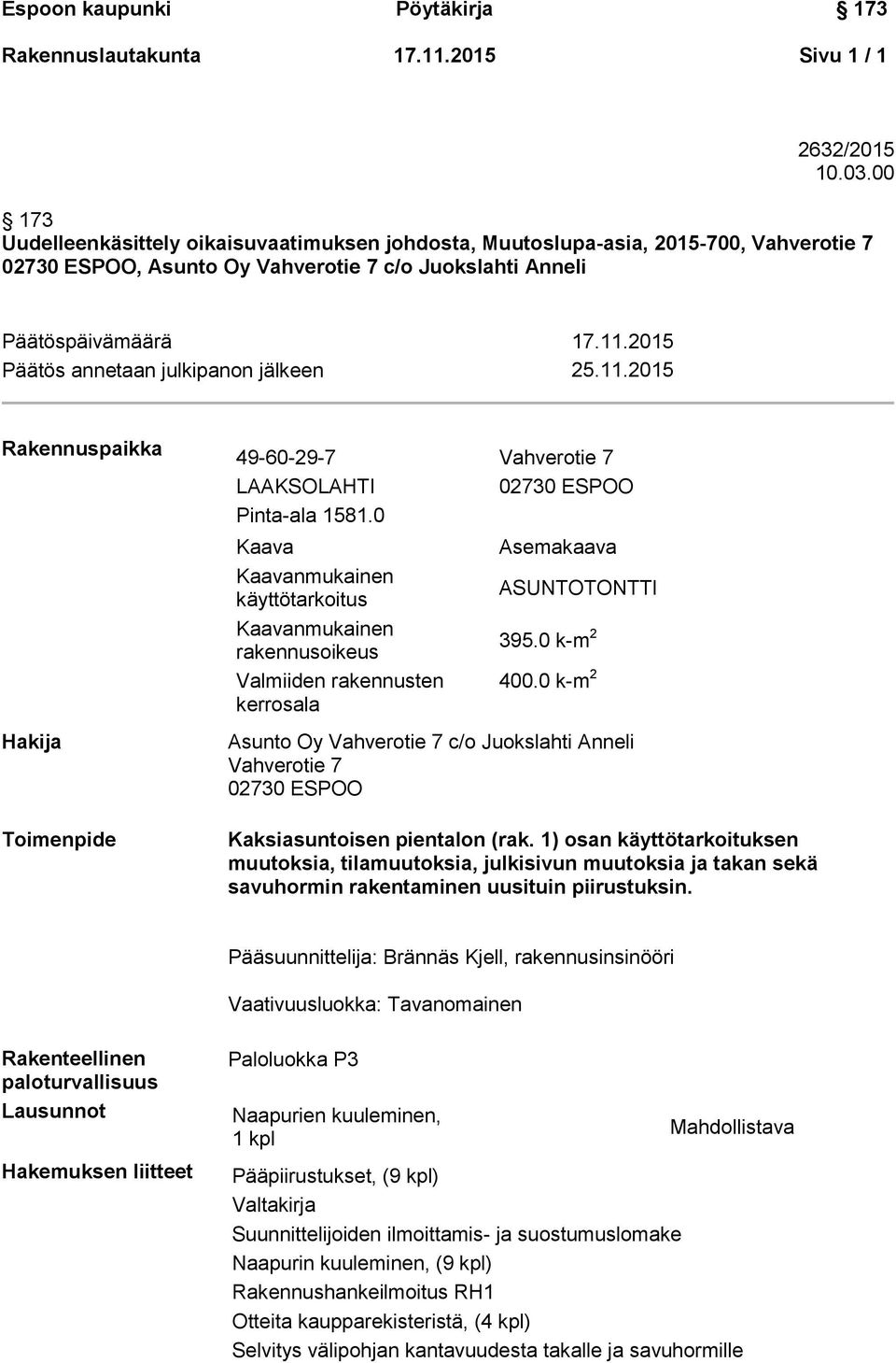 2015 Päätös annetaan julkipanon jälkeen 25.11.2015 Rakennuspaikka 49-60-29-7 Vahverotie 7 LAAKSOLAHTI Pinta-ala 1581.