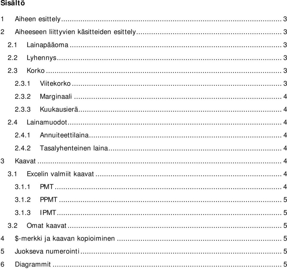 .. 4 2.4.2 Tasalyhenteinen laina... 4 3 Kaavat... 4 3.1 Excelin valmiit kaavat... 4 3.1.1 PMT... 4 3.1.2 PPMT... 5 3.1.3 IPMT.