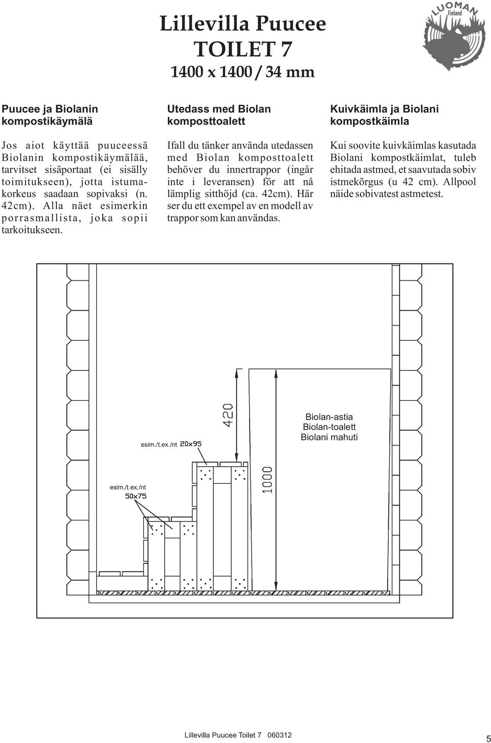 Utedass med Biolan komposttoalett Ifall du tänker använda utedassen med Biolan komposttoalett behöver du innertrappor (ingår inte i leveransen) för att nå lämplig sitthöjd (ca. 42cm).