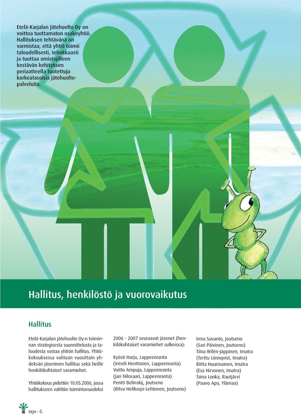 Hallitus, henkilöstö ja vuorovaikutus Hallitus Etelä-Karjalan Jätehuolto Oy:n toiminnan strategisesta suunnittelusta ja taloudesta vastaa yhtiön hallitus.