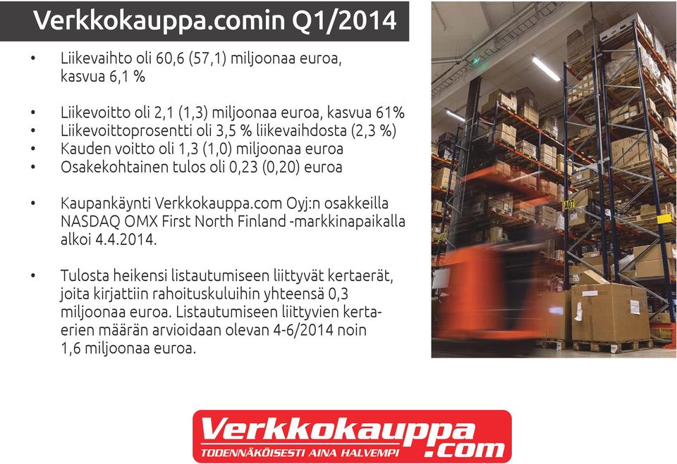 3,5 % liikevaihdosta (2,3 %) Kauden voitto oli 1,3 (1,0) miljoonaa euroa Osakekohtainen tulos oli 0,23 (0,20) euroa Kaupankäynti com Oyj:n osakkeilla
