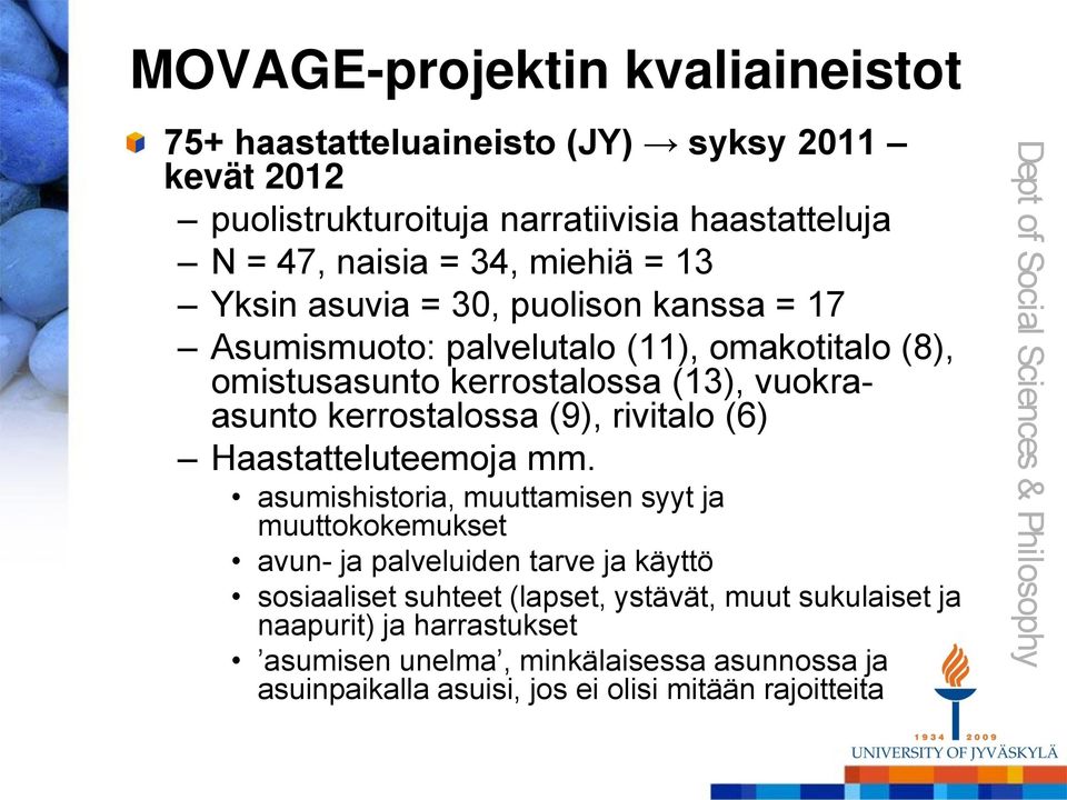 kerrostalossa (9), rivitalo (6) Haastatteluteemoja mm.