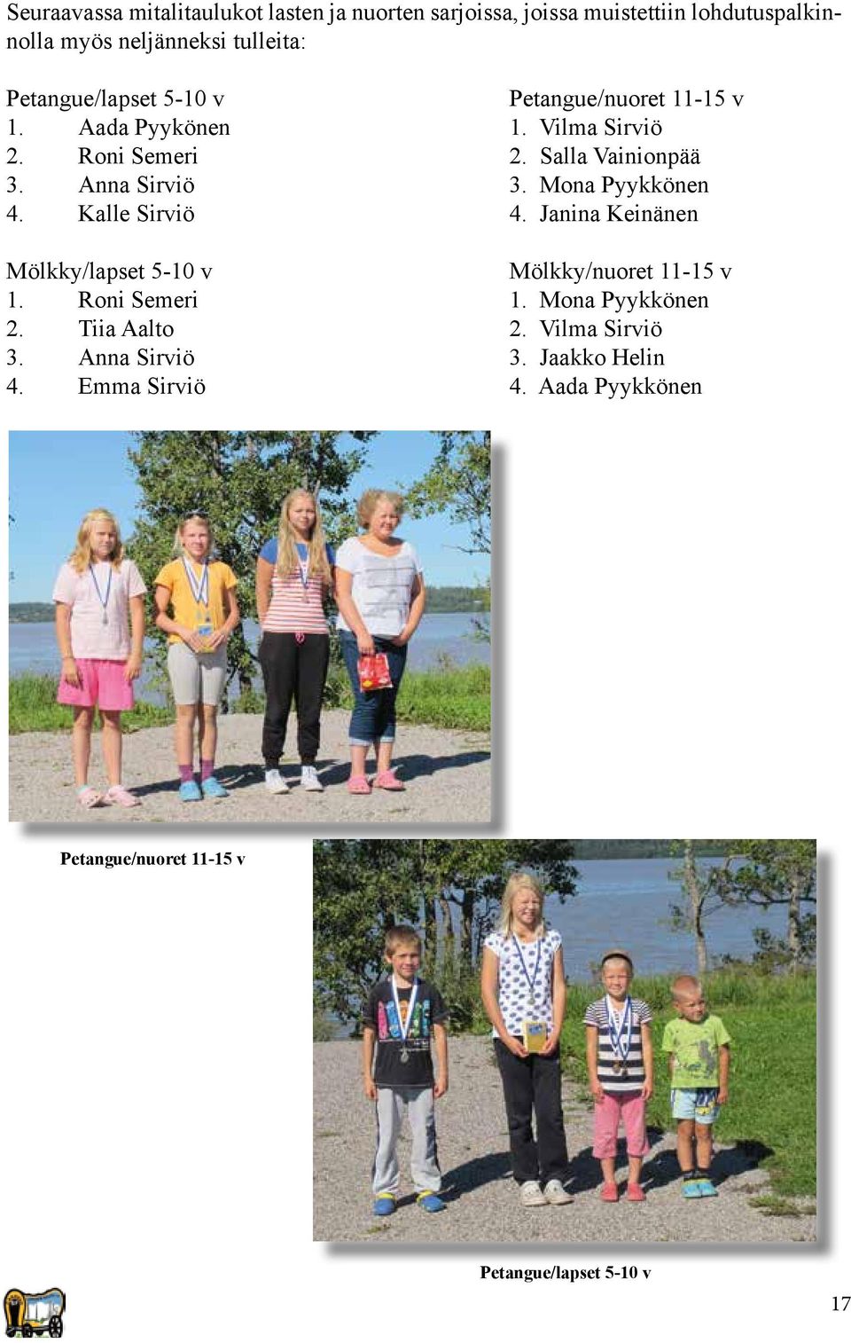Kalle Sirviö 4. Janina Keinänen Mölkky/lapset 5-10 v Mölkky/nuoret 11-15 v 1. Roni Semeri 1. Mona Pyykkönen 2. Tiia Aalto 2. Vilma Sirviö 3.