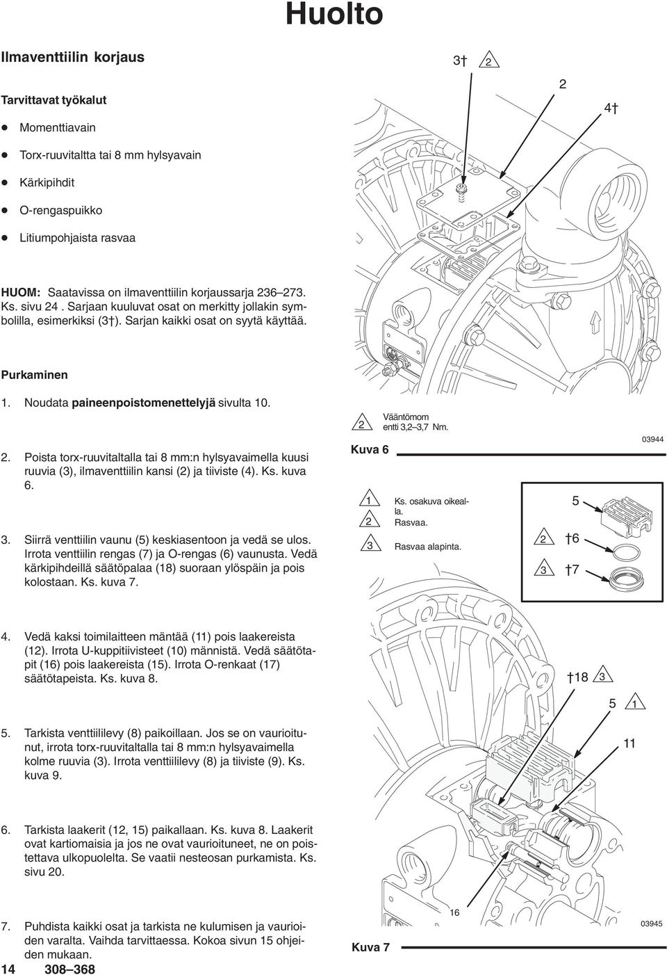 . Poista torx-ruuvitaltalla tai 8 mm:n hylsyavaimella kuusi ruuvia (3), ilmaventtiilin kansi () ja tiiviste (4). Ks. kuva 6. 3. Siirrä venttiilin vaunu (5) keskiasentoon ja vedä se ulos.