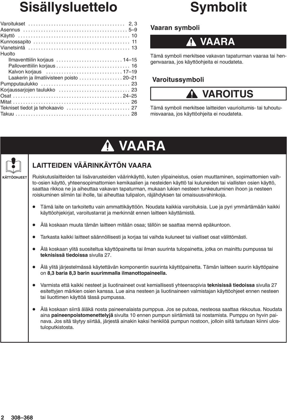 ............................. 7 9 Laakerin ja ilmatiivisteen poisto................. 0 Pumpputaulukko................................... 3 Korjaussarjojen taulukko............................ 3 Osat.