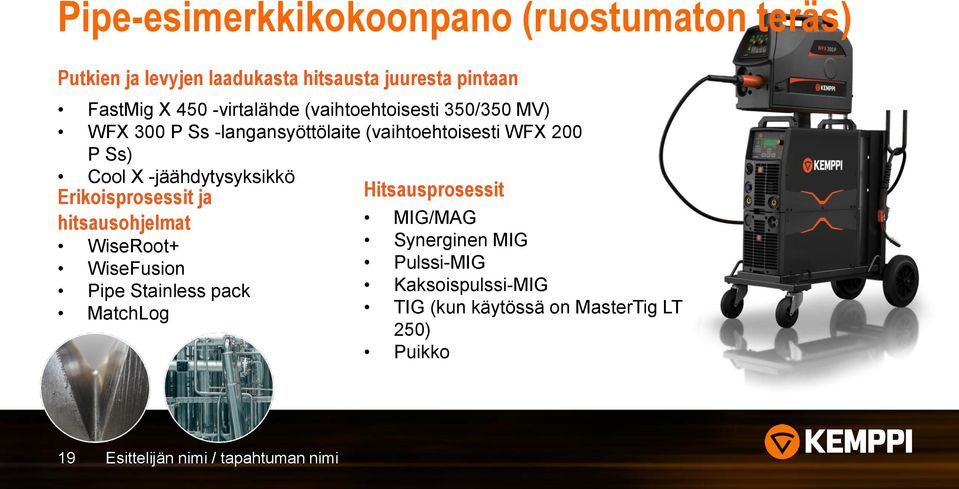 -jäähdytysyksikkö Erikoisprosessit ja hitsausohjelmat WiseRoot+ WiseFusion Pipe Stainless pack MatchLog Hitsausprosessit