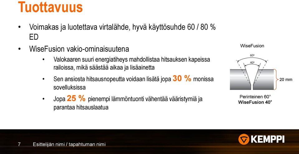 WiseFusion Sen ansiosta hitsausnopeutta voidaan lisätä jopa 30 % monissa sovelluksissa 20 mm Jopa 25 % pienempi