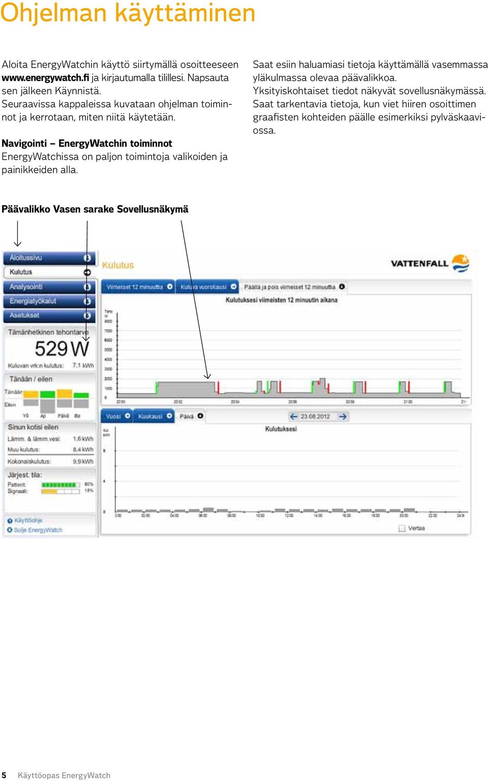 Navigointi EnergyWatchin toiminnot EnergyWatchissa on paljon toimintoja valikoiden ja painikkeiden alla.