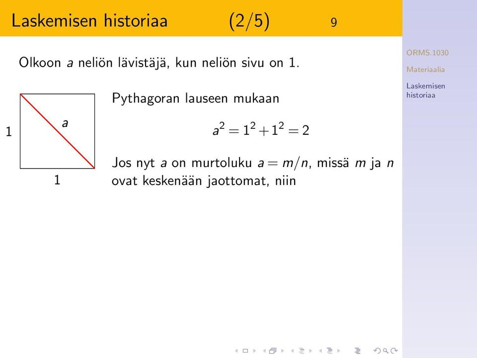 Pythagoran lauseen mukaan 1 a a 2 = 1 2 + 1 2