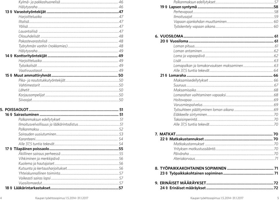 .. 50 Pika- ja noutotukkutyöntekijät...50 Vahtimestarit...50 Lähetit...50 Korjausompelijat...50 Siivoojat...50 5. POISSAOLOT... 51 16 Sairastuminen... 51 Palkanmaksun edellytykset.