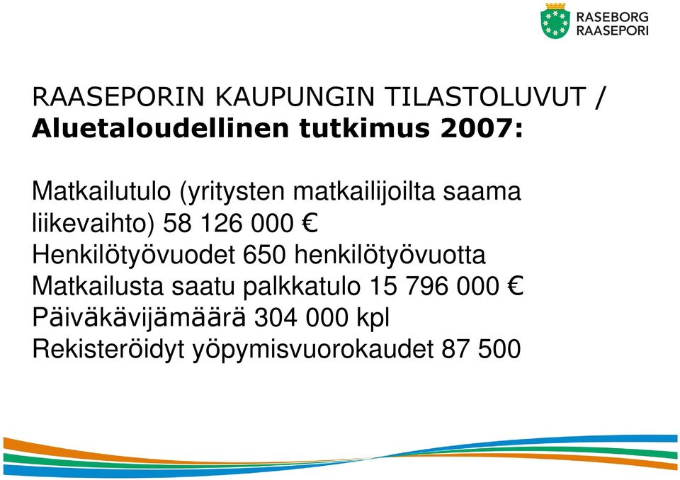 Henkilötyövuodet 650 henkilötyövuotta Matkailusta saatu palkkatulo 15