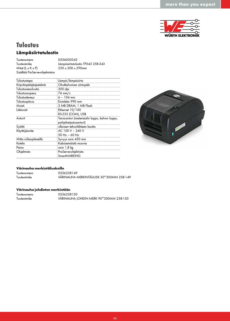 Liitännät Ethernet 10/100 RS-232 (COM), USB nturit Tarra-anturi (materiaalin loppu, kalvon loppu, pohjaheijastusanturi) Syöttö ulkoisen tehonlähteen kautta Käyttöjännite C 100 V 240 V 50 Hz 60 Hz